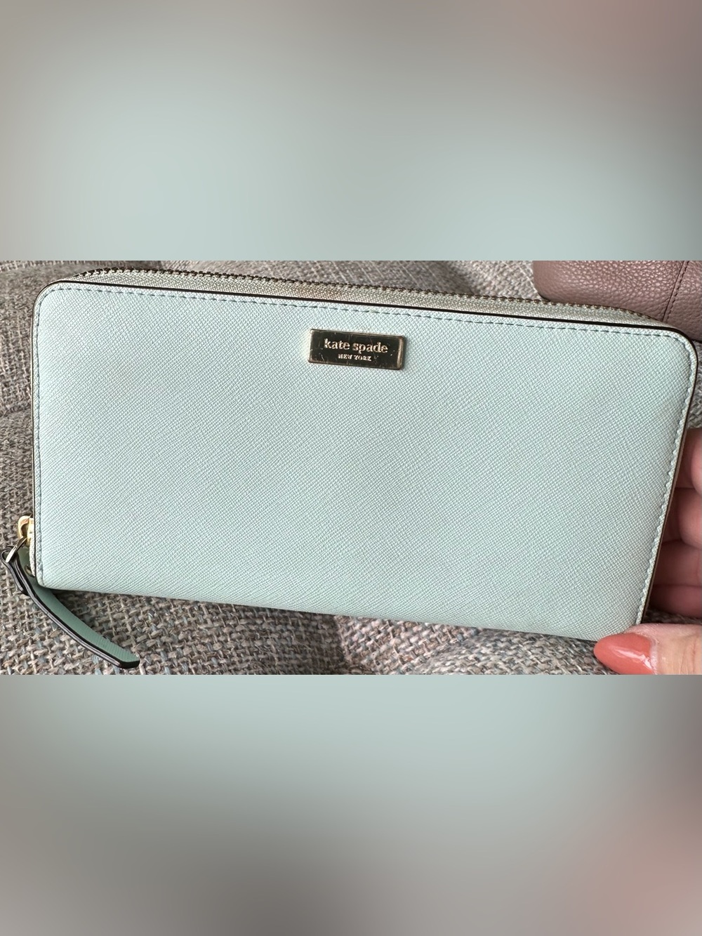 Kate Spade Milas Pond Saffiano Leather Zip@ Continental Wallet Color Seafoam GUC